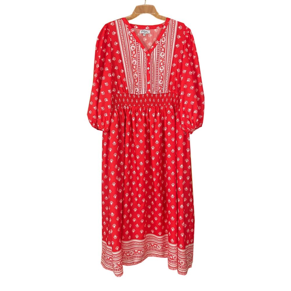 Polagram Midi Dress Size XXXL 3XL Red White Floral Balloon Sleeves Smocked Waist
